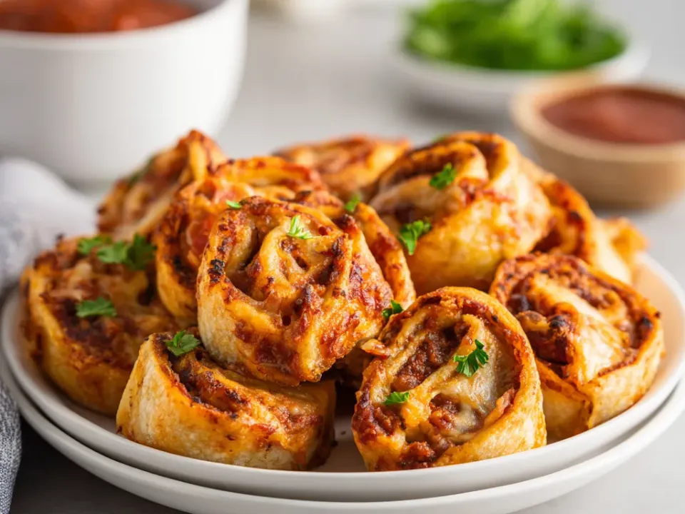 Golden spiral pizza rolls showing tomato sauce and melted cheese, with small bowls of dipping sauce