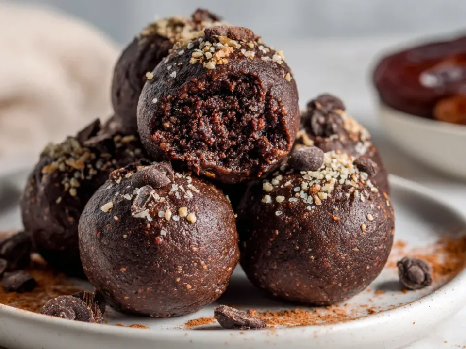 Dark chocolate almond-butter bites rolled into balls and stacked on a plate
