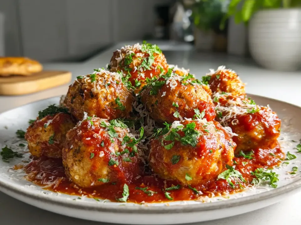 Pale golden chicken meatballs in a bright red marinara on a white plate, dusted with finely grated Parmesan and chopped parsley