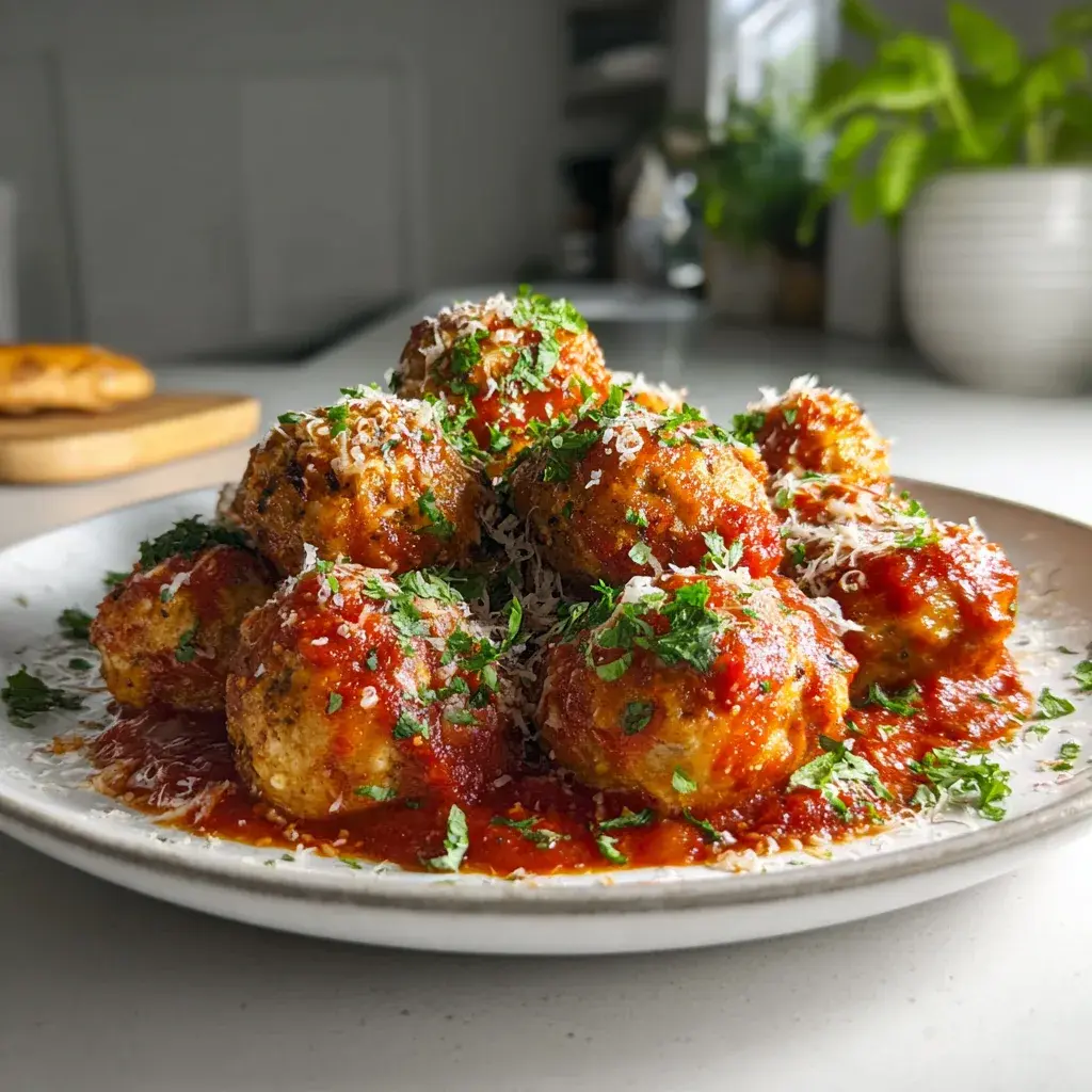 Pale golden chicken meatballs in a bright red marinara on a white plate, dusted with finely grated Parmesan and chopped parsley