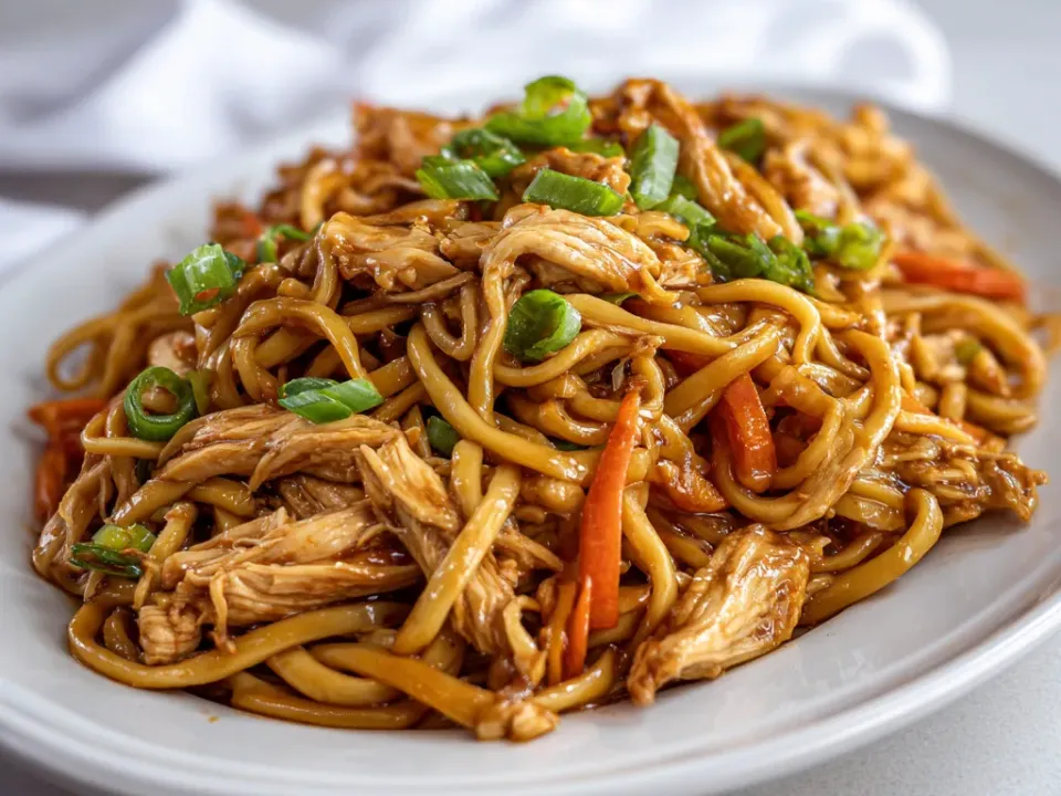 Lo mein noodles tossed with shredded chicken, red pepper, carrot and snow peas in a glossy brown sauce