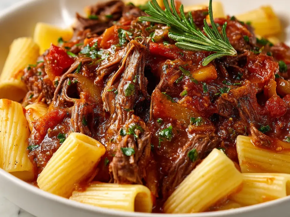 A white bowl of rigatoni under a thick red ragu of shredded beef, herbs and tomato, topped with a sprig of rosemary.