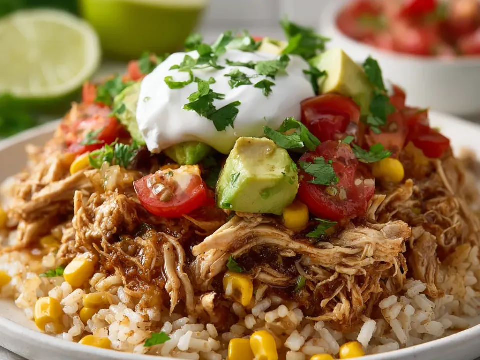 Chicken burrito bowl over rice with corn, tomato, avocado, sour cream and cilantro