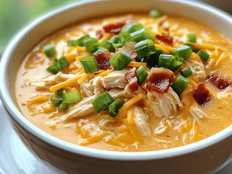 A white bowl of orange creamy soup with shredded chicken, shredded cheddar, bacon pieces and sliced green onion