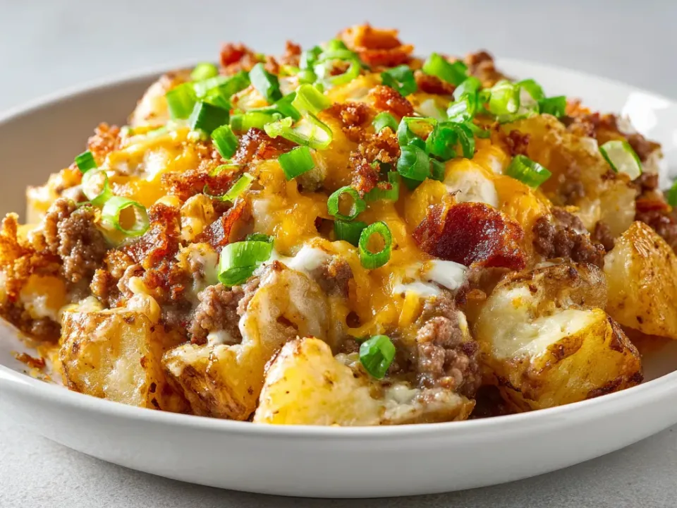Slow cooker cowboy potato casserole with ground beef, melted cheddar, bacon and green onions