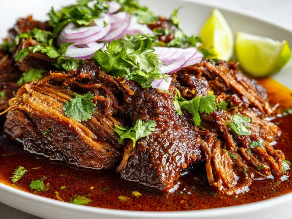 Shredded braised beef in a dark red-brown sauce on a white plate, topped with cilantro leaves and sliced red onion, with lime wedges alongside