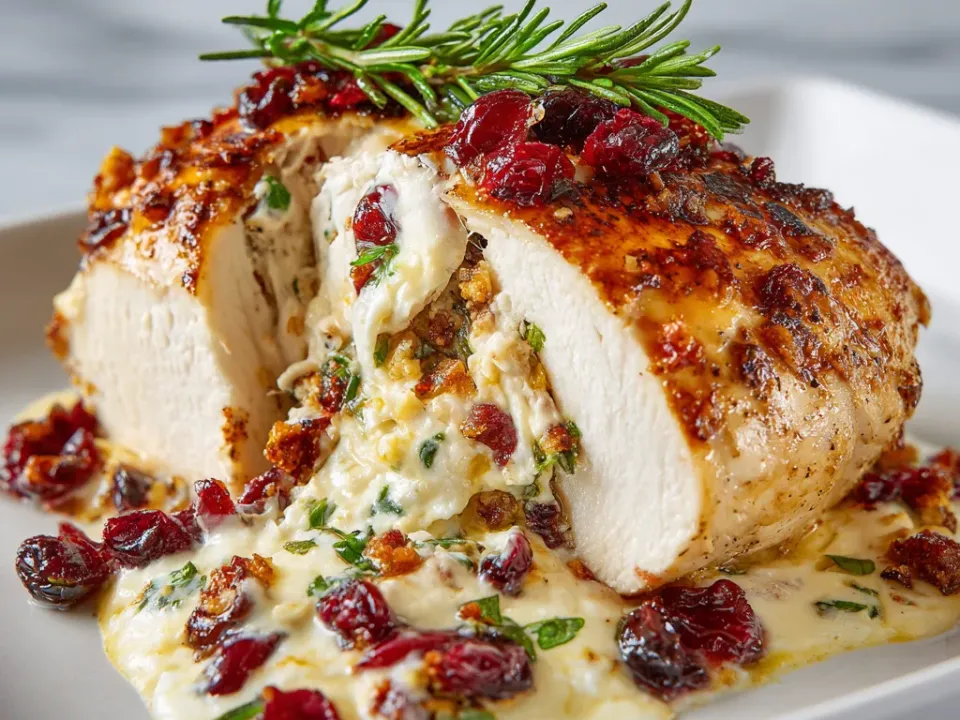 Sliced chicken breast stuffed with brie and cranberry sauce