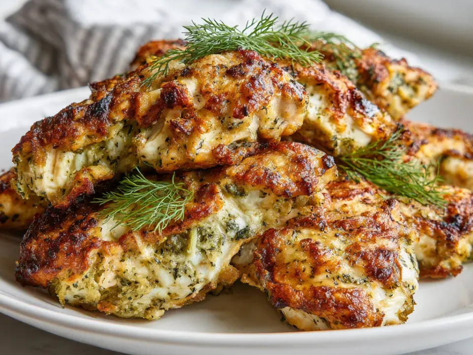 Golden crumbed chicken pieces with green herb flecks visible through the crust, stacked on a white plate and topped with fresh dill fronds