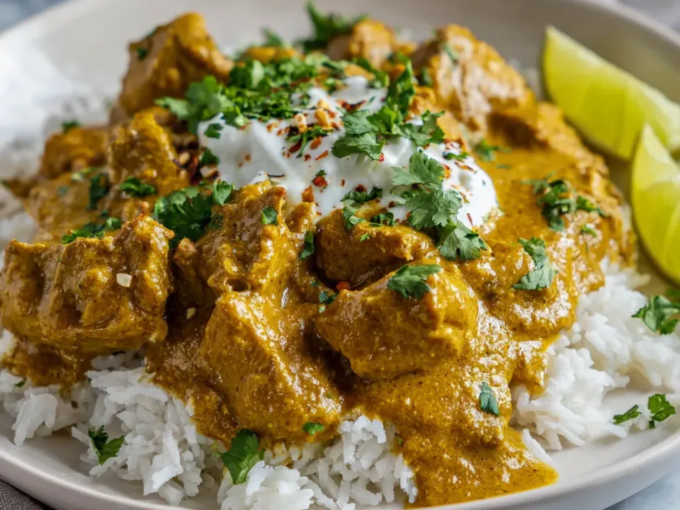 A shallow bowl of white rice topped with pieces of chicken in a golden sauce, with a spoonful of yogurt, chopped coriander and two lime wedges at the side.