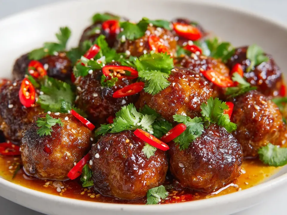 Glazed sweet chili meatballs with sesame seeds and green onion