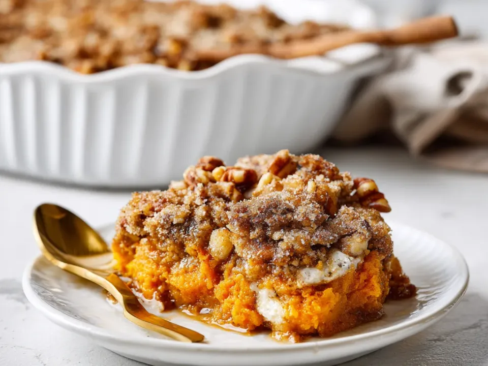 Sweet potato casserole with a maple pecan oat topping in a baking dish