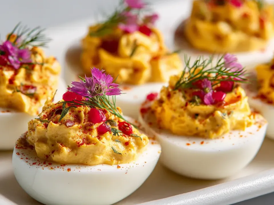 Platter of deviled eggs dusted with smoked paprika and chives