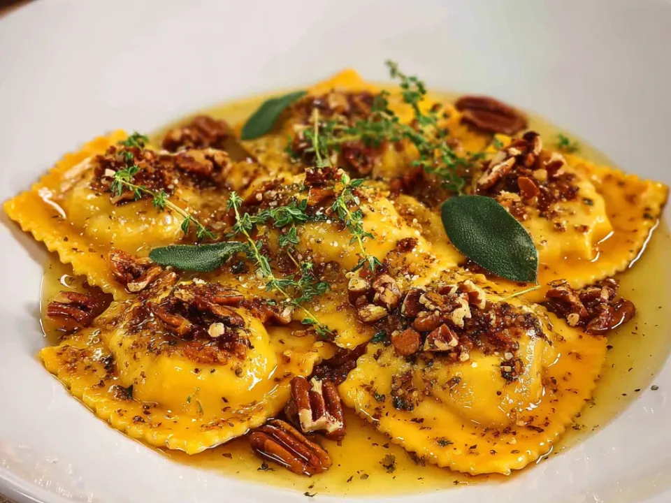 Butternut squash ravioli in brown butter with crispy sage and pecans