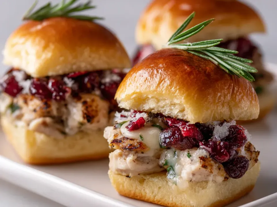 Tray of turkey cranberry sliders with melted Swiss cheese and a poppy seed glaze