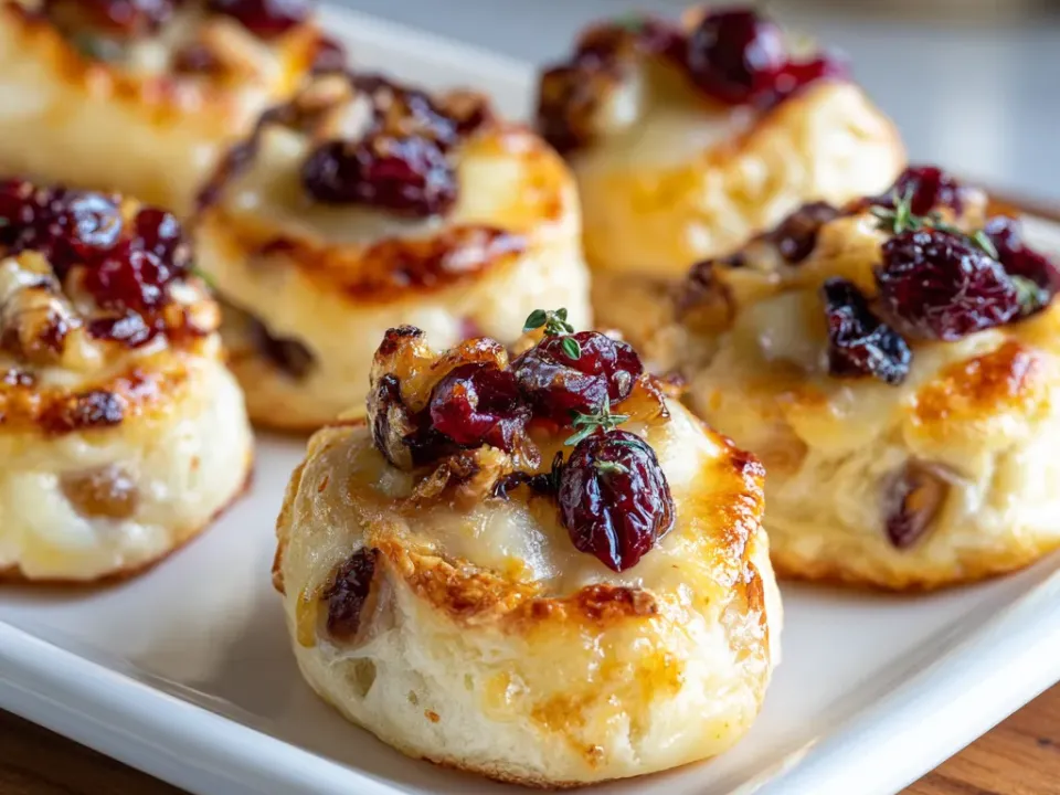 Puff pastry cups filled with melted brie and cranberry sauce