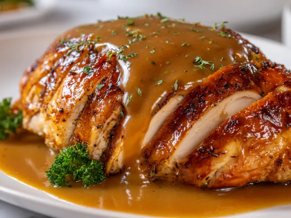 Sliced roast turkey breast with gravy spooned over the top