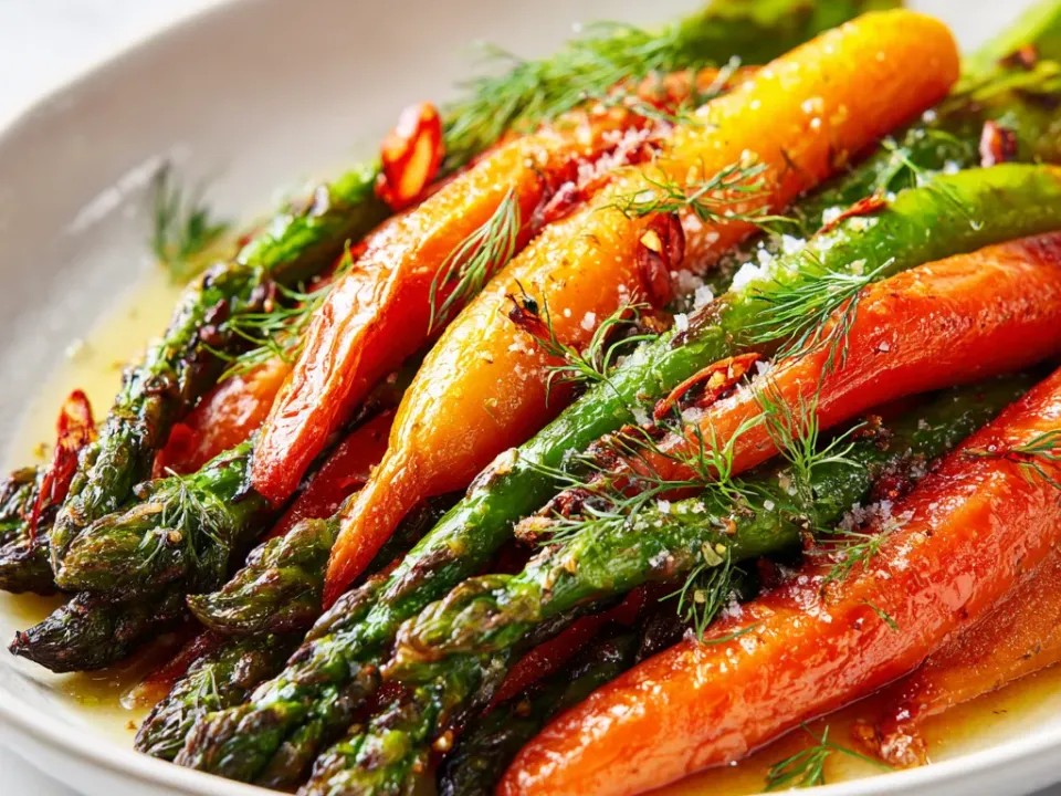 Roasted asparagus spears and whole carrots piled on a white plate, glossy with oil, scattered with coarse salt, chilli flakes and feathery green herbs