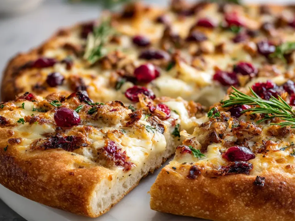 Thanksgiving pizza topped with turkey, stuffing, mashed potato and cranberry sauce