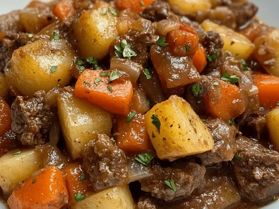 Thick tomato stew with ground beef, potato cubes, sliced carrots and green peas in a bowl