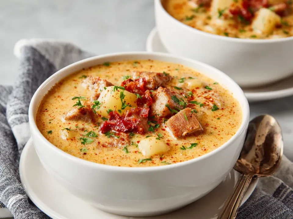 Bowl of Cajun potato soup with andouille sausage, cheddar and green onions