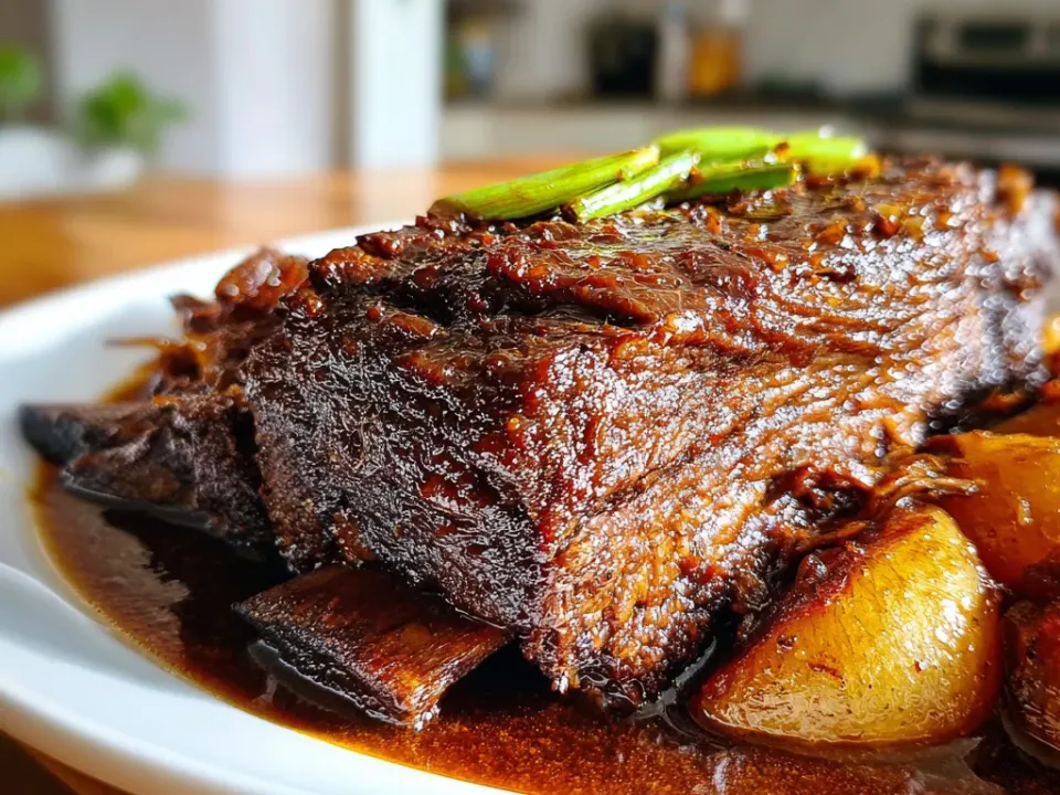 Sliced beef brisket against the grain on a board with dark glossy gravy and softened onions