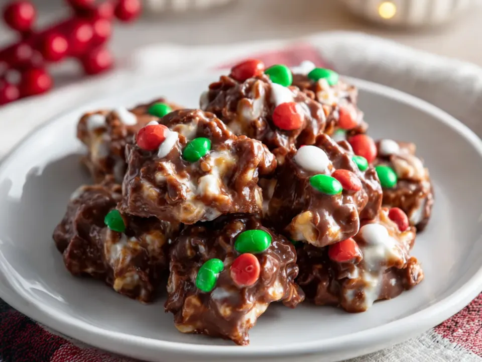 Mounds of chocolate peanut clusters topped with holiday sprinkles on parchment