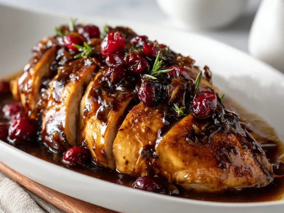 Shredded balsamic cranberry chicken with sauce and orange zest