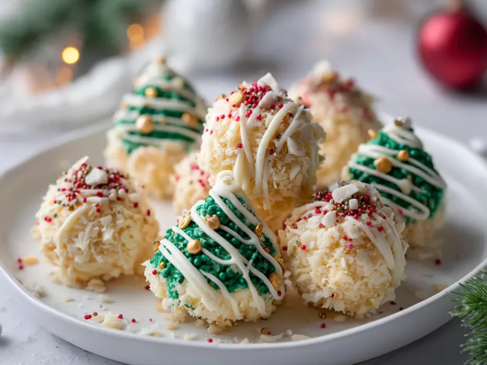 White chocolate truffles decorated with red and green sanding sugar on parchment