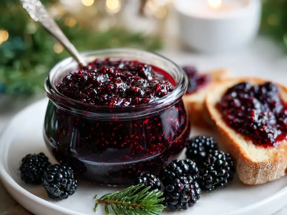 Jars of deep purple blackberry butter with fresh blackberries alongside