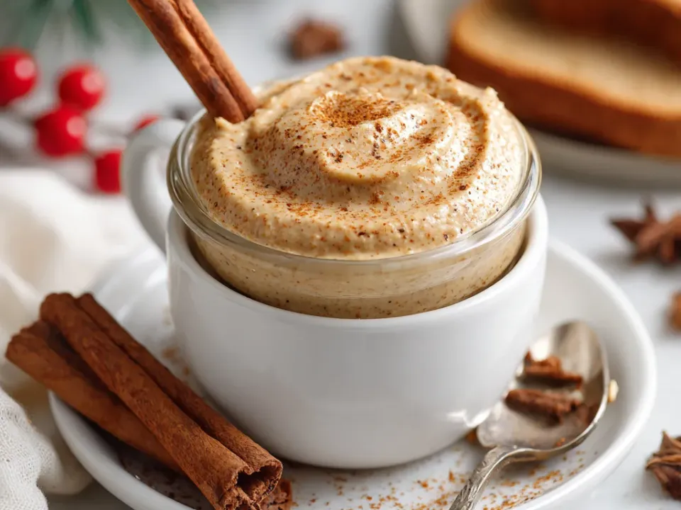 Whipped cinnamon butter piped into a ramekin and dusted with cinnamon