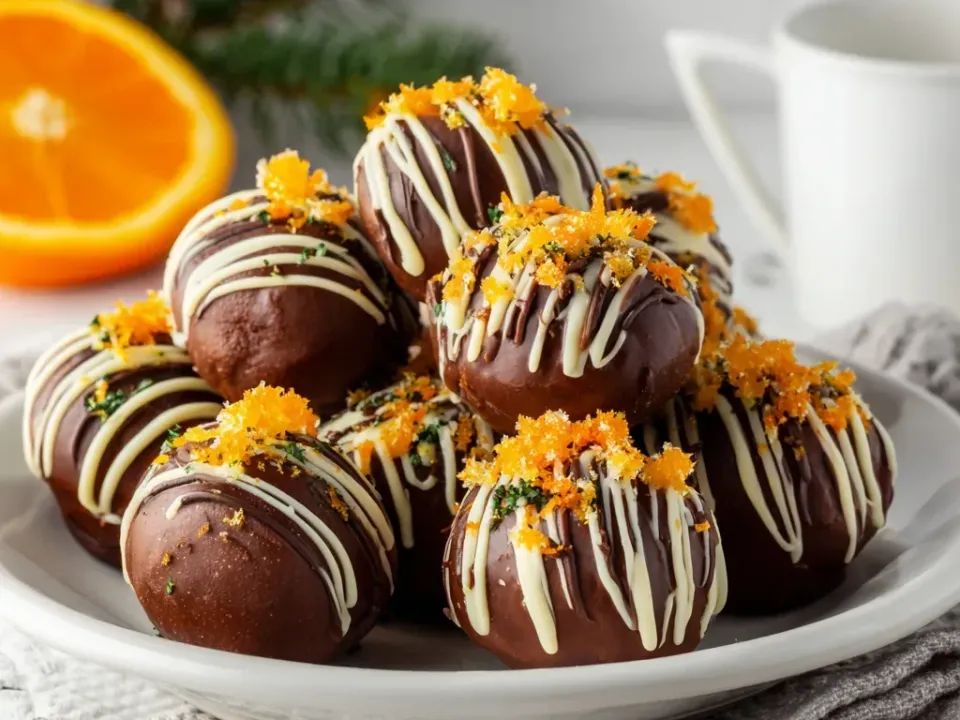 Round dark chocolate truffles on a white plate drizzled with white chocolate lines and topped with shredded orange zest