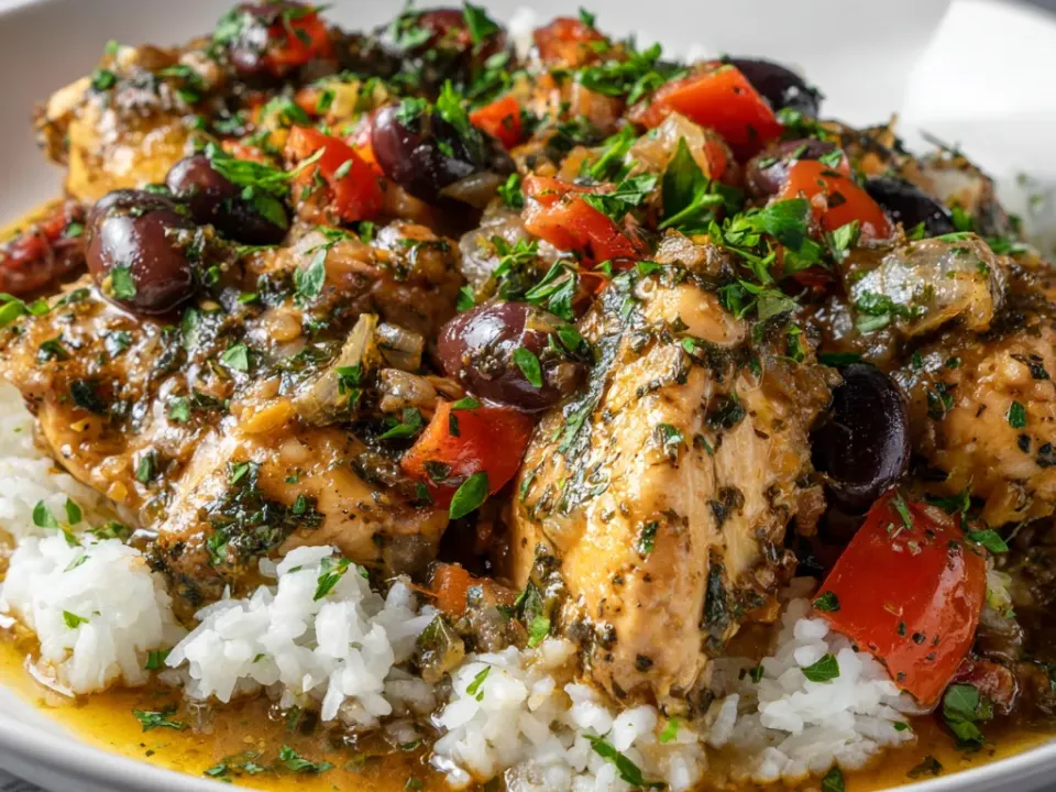 Chicken pieces in a golden olive jus with whole kalamata olives and red bell pepper chunks over white rice in a white bowl, scattered with parsley