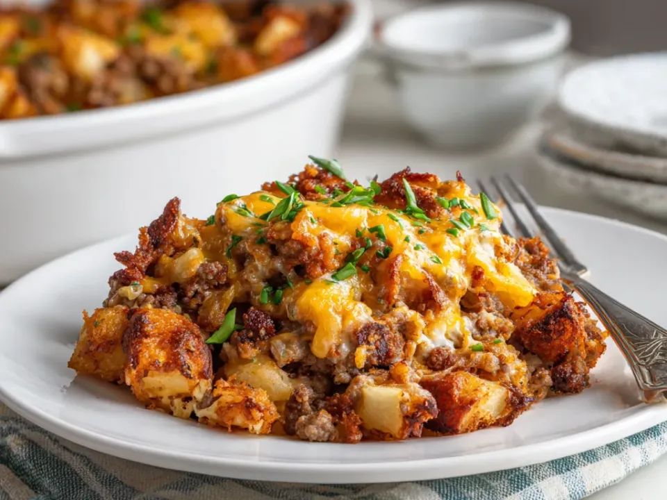 Baking dish of layered sliced potatoes and seasoned ground beef under a browned cheddar crust
