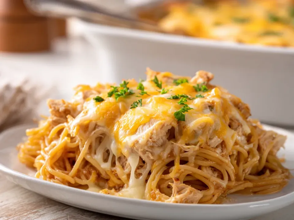 Baking dish of chicken spaghetti casserole under a browned cheddar and Monterey Jack crust, flecked with parsley