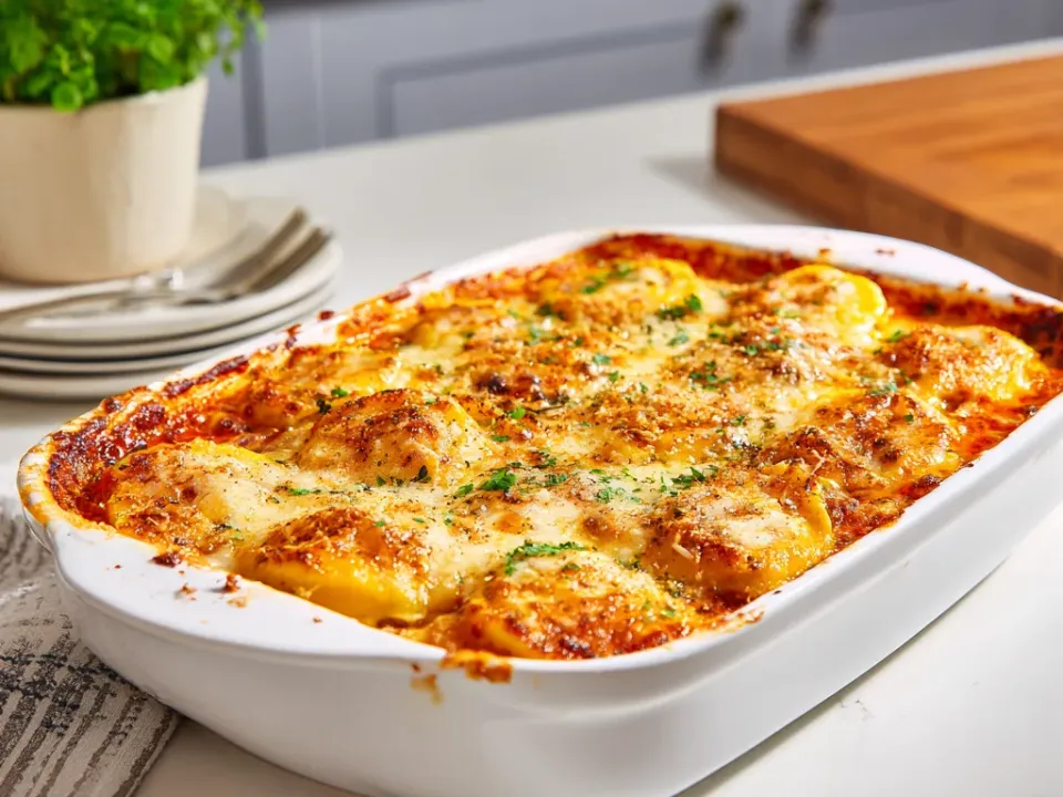 Layered ravioli casserole in a baking dish with browned mozzarella and a creamy ricotta layer visible at the cut edge