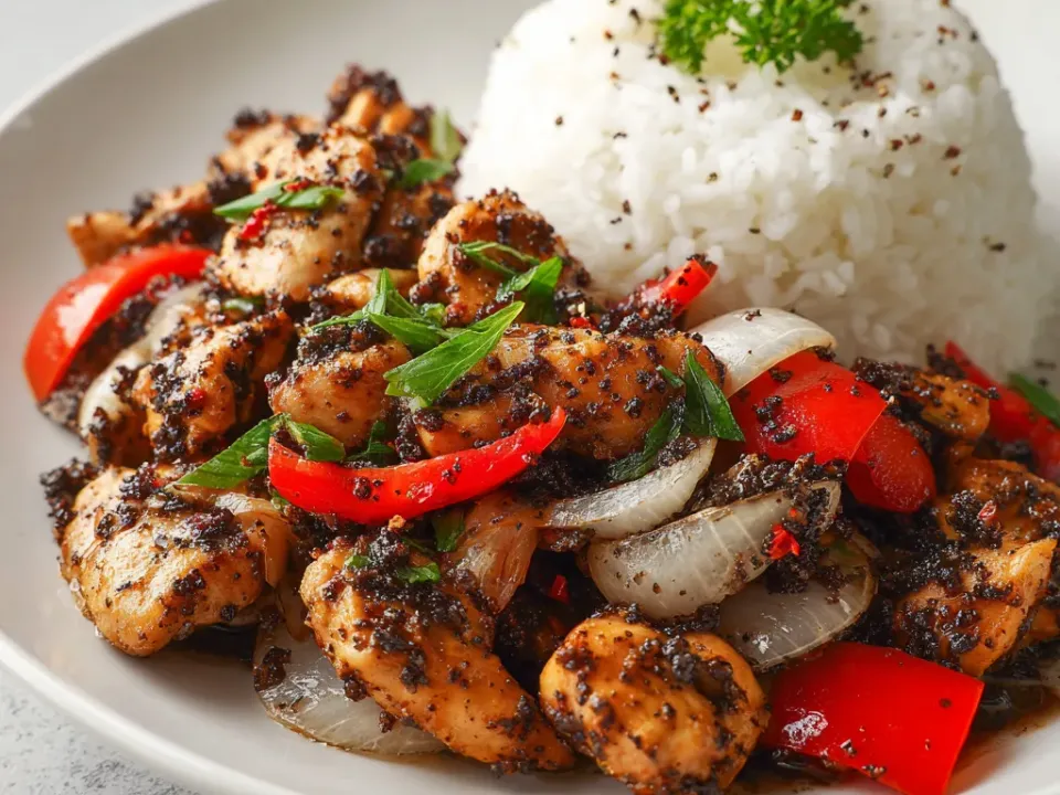 Dark-glazed pieces of chicken with sliced onion and bell pepper in a bowl, steamed rice alongside