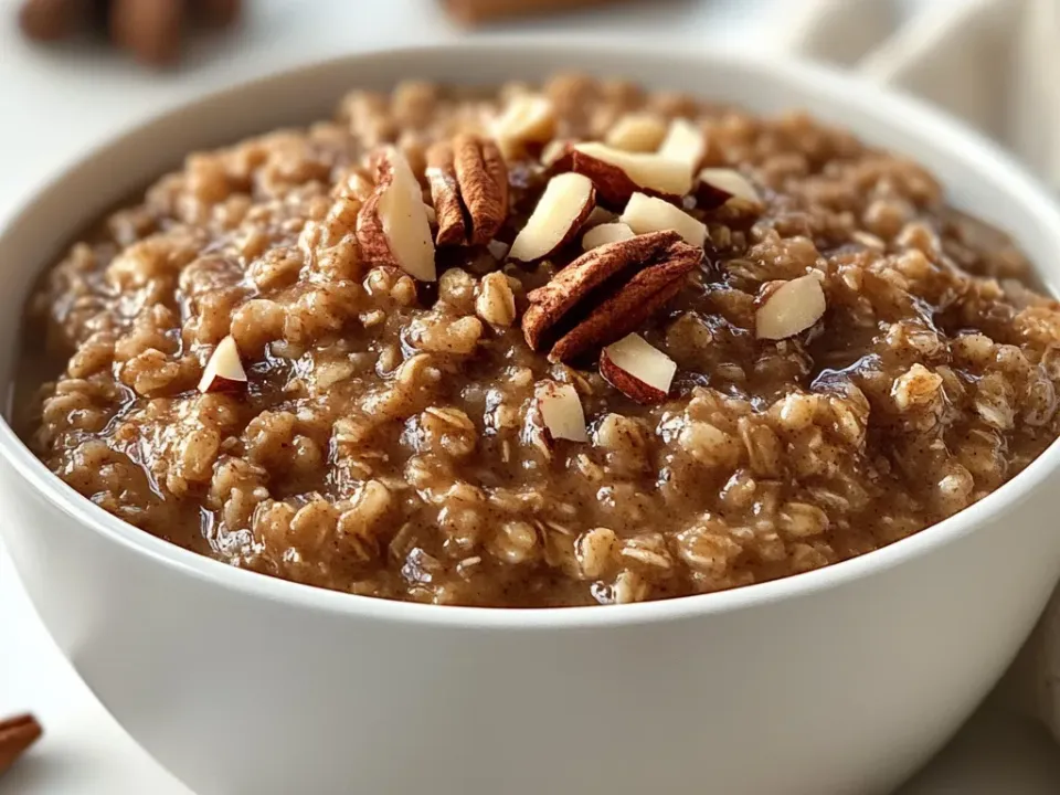 Bowl of dark, creamy steel-cut gingerbread oatmeal topped with cream and diced pear