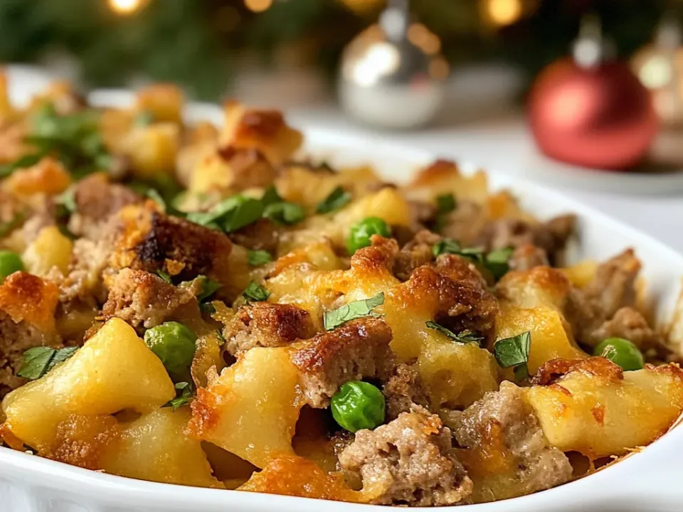 Christmas casserole with turkey, ham and a golden stuffing topping in a baking dish