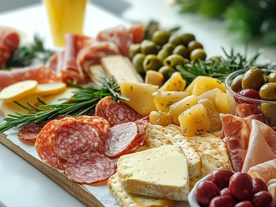A wooden board of folded salami and prosciutto, wedges of hard and soft cheese, green olives in a glass cup, crackers, rosemary sprigs, yellow fruit chunks and red grapes