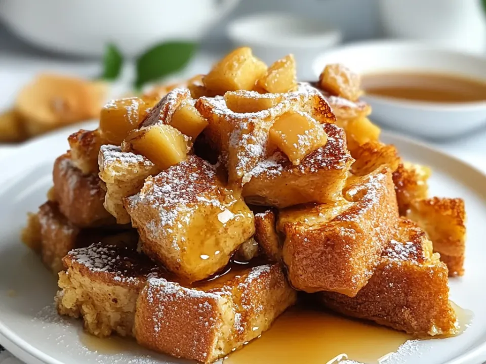 Eggnog french toast casserole with a streusel top, dusted with powdered sugar