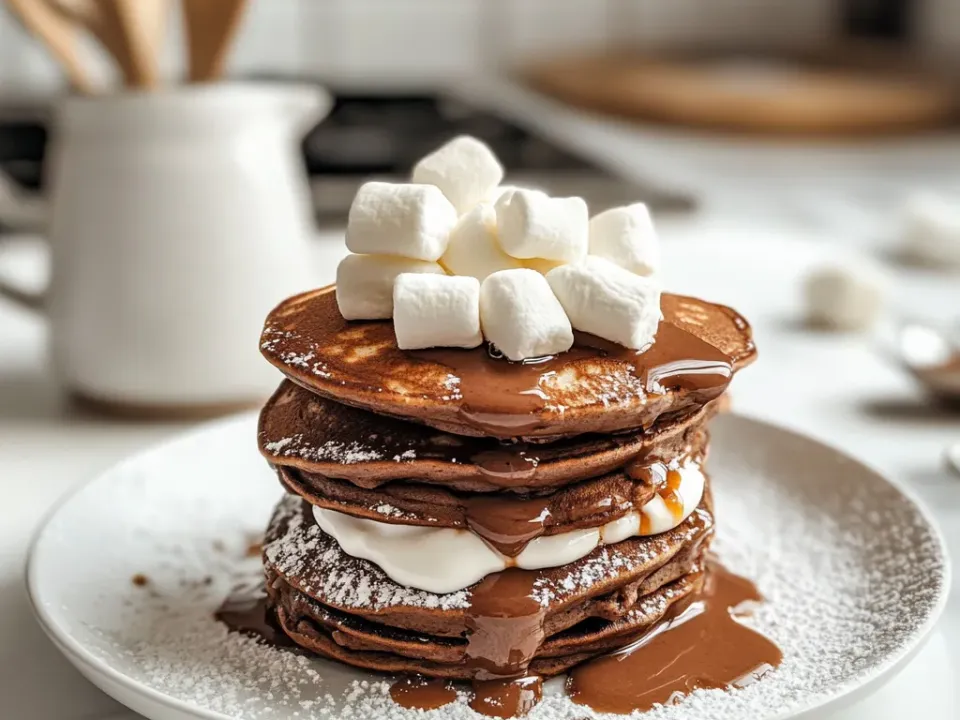 A stack of cocoa-coloured pancakes topped with mini marshmallows and chocolate sauce, dusted with powdered sugar, with cream visible between the layers