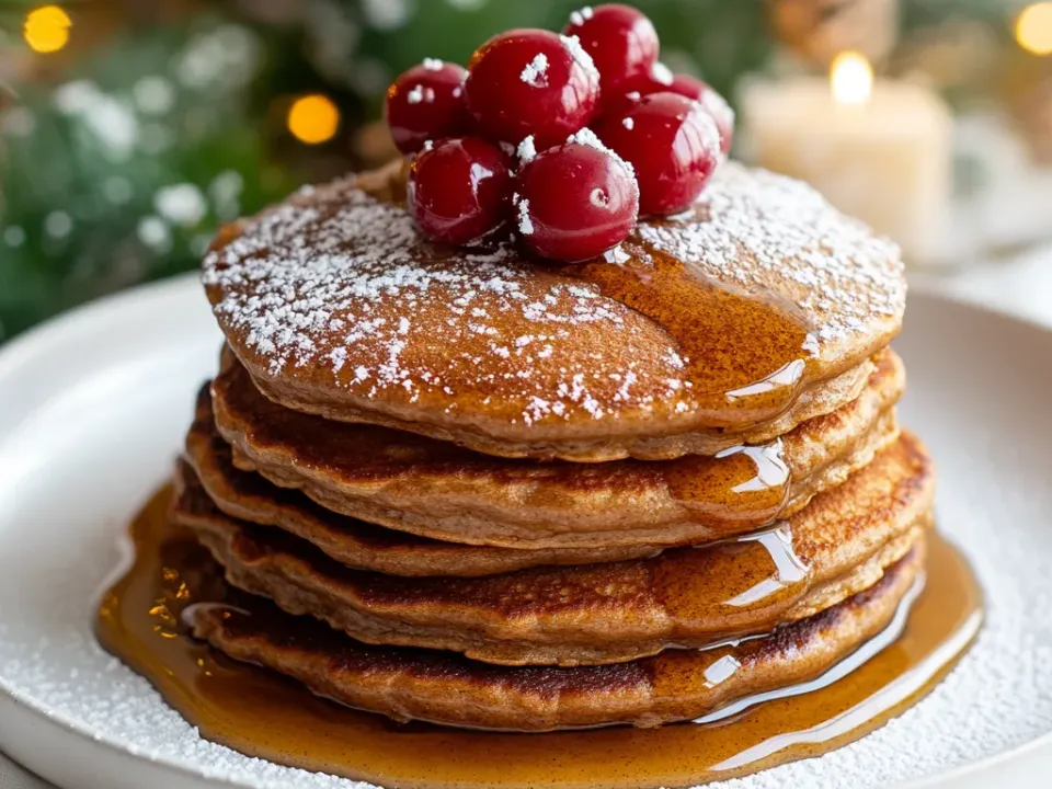Stack of gingerbread pancakes with butter and maple syrup