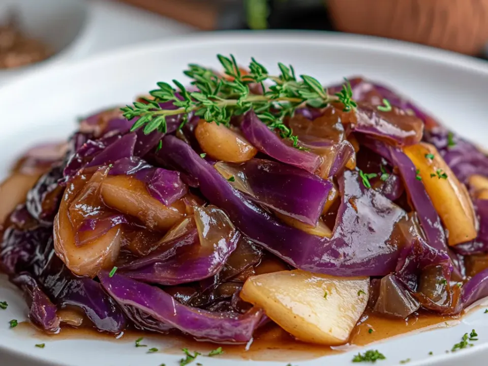 Plate of braised red cabbage with apple slices and thyme in a glossy sauce