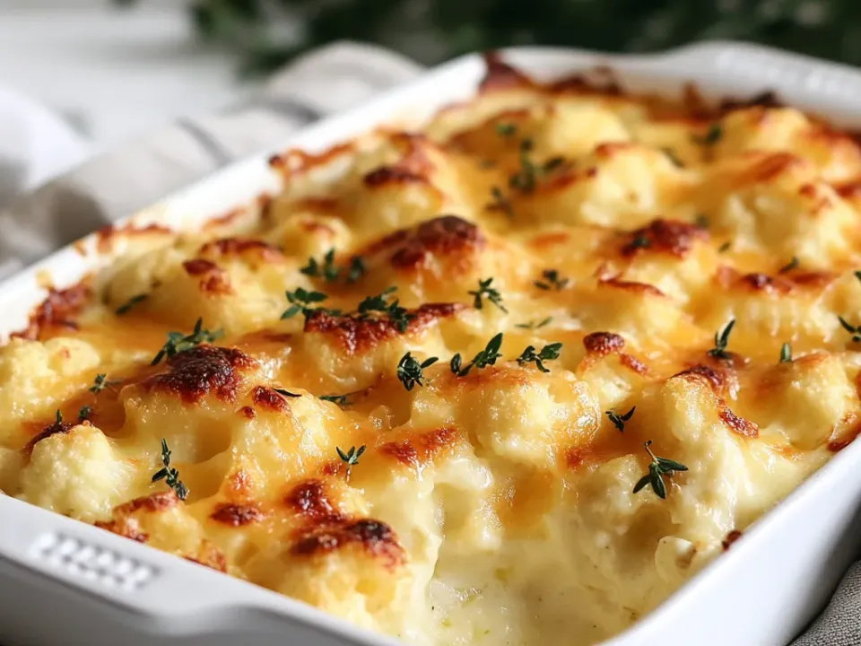 Cauliflower florets under a golden browned cheese sauce in a white rectangular baking dish, scattered with small green herb sprigs