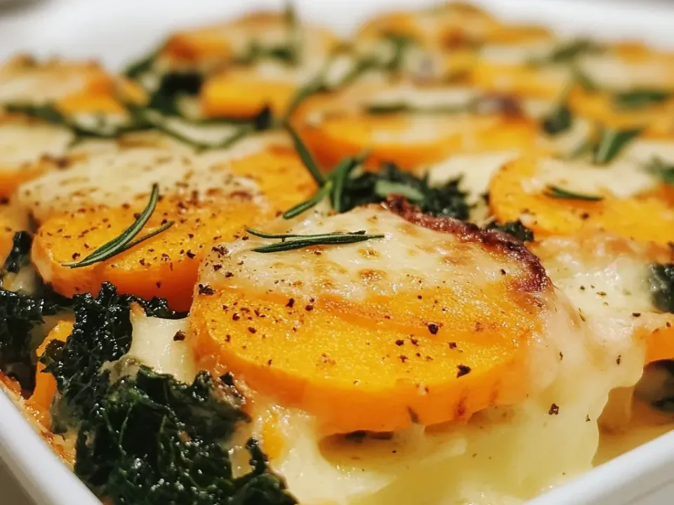 Overlapping orange and pale root vegetable slices with dark green kale between them in a cream gratin