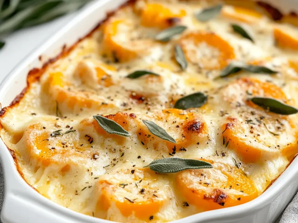 Butternut squash gratin with a golden Parmesan panko crust and sage leaves