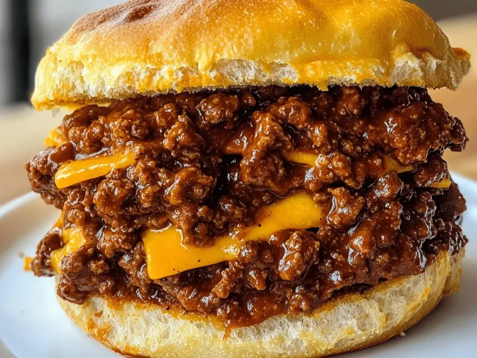 Saucy ground beef piled on a soft hamburger bun with a slice of cheddar melting over the top