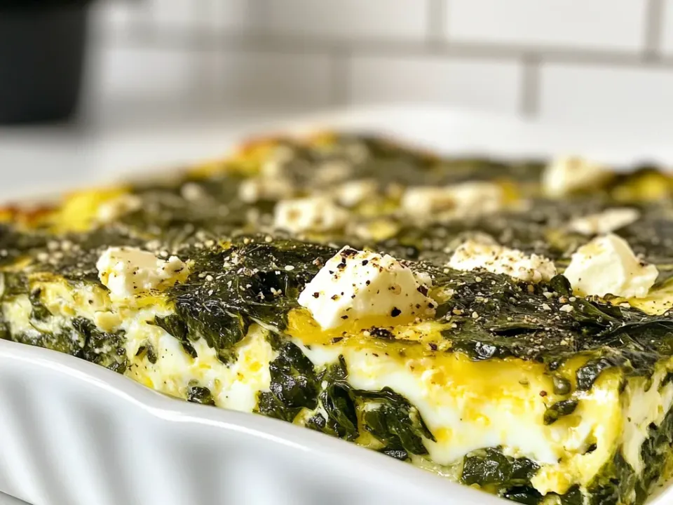 Baked egg casserole studded with wilted spinach and crumbled feta, cut into squares in a white dish