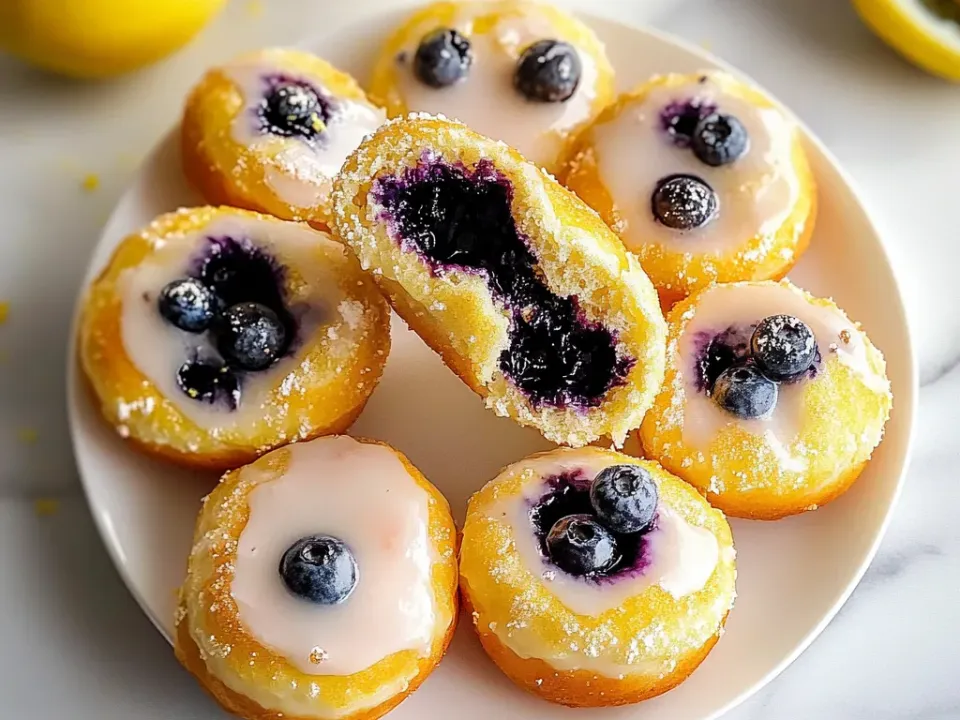 Sugar-crusted glazed rounds topped with whole blueberries on a white plate, one split open to show dark blueberry compote inside, with lemons behind