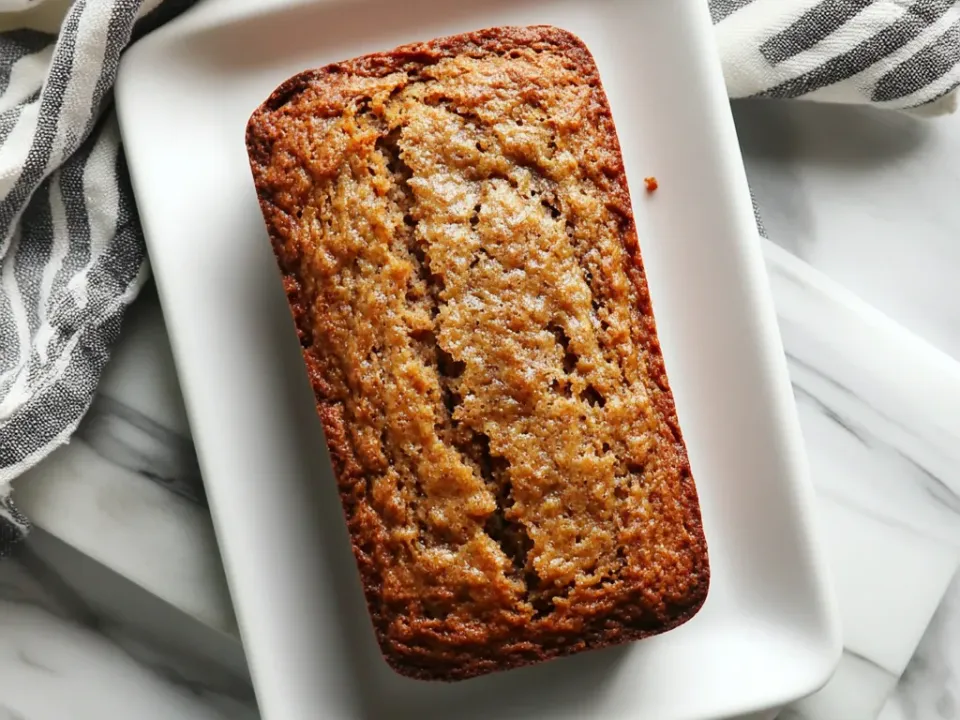 A dark banana loaf with a split crown, uncut, resting on a white serving dish